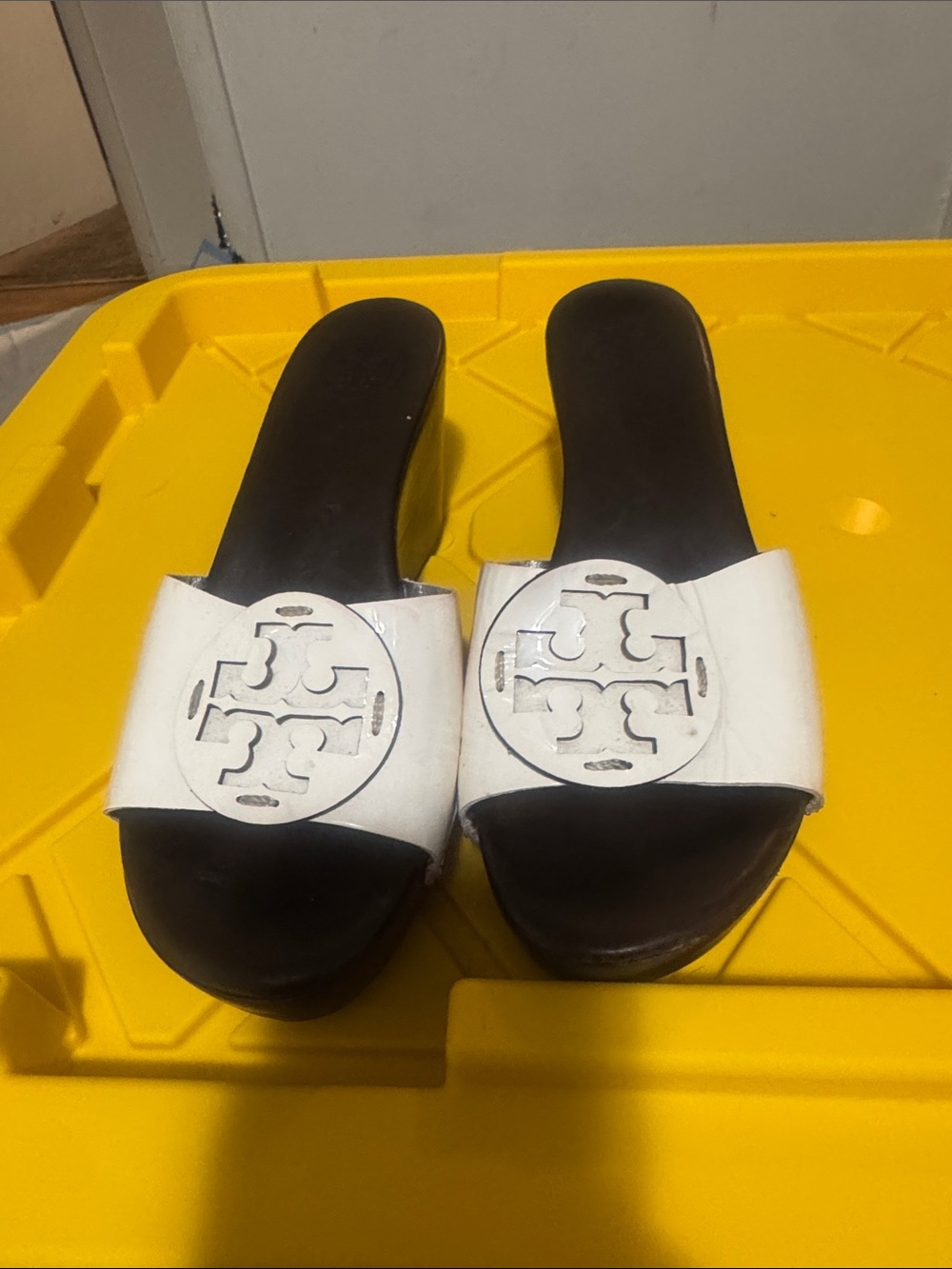 Tory Burch White Logo Slide Sandals with Black Footbed